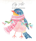 Watercolor illustration of a blue and yellow bird wearing a pink scarf and holding branches.