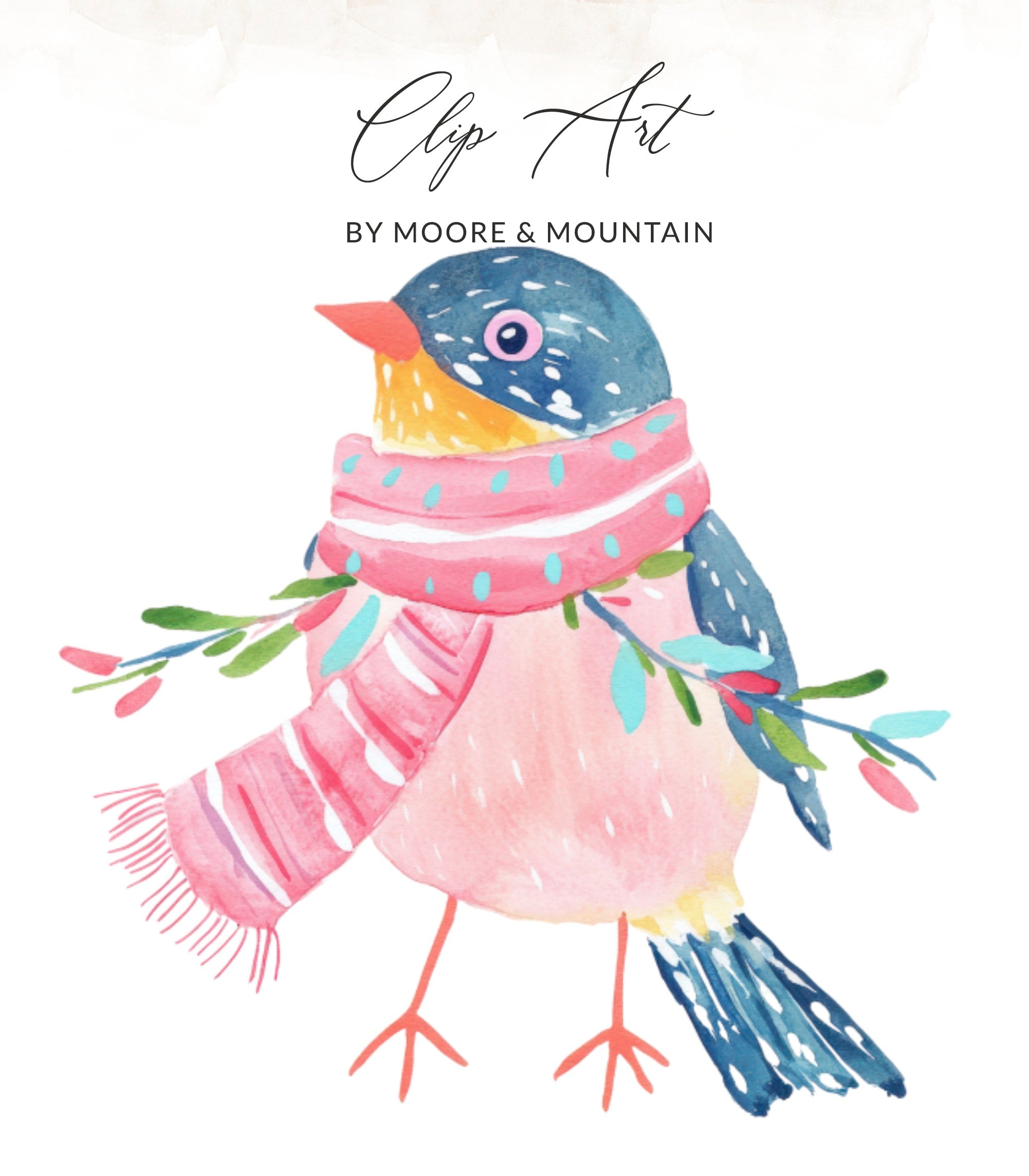 Watercolor illustration of a blue and yellow bird wearing a pink scarf and holding branches.