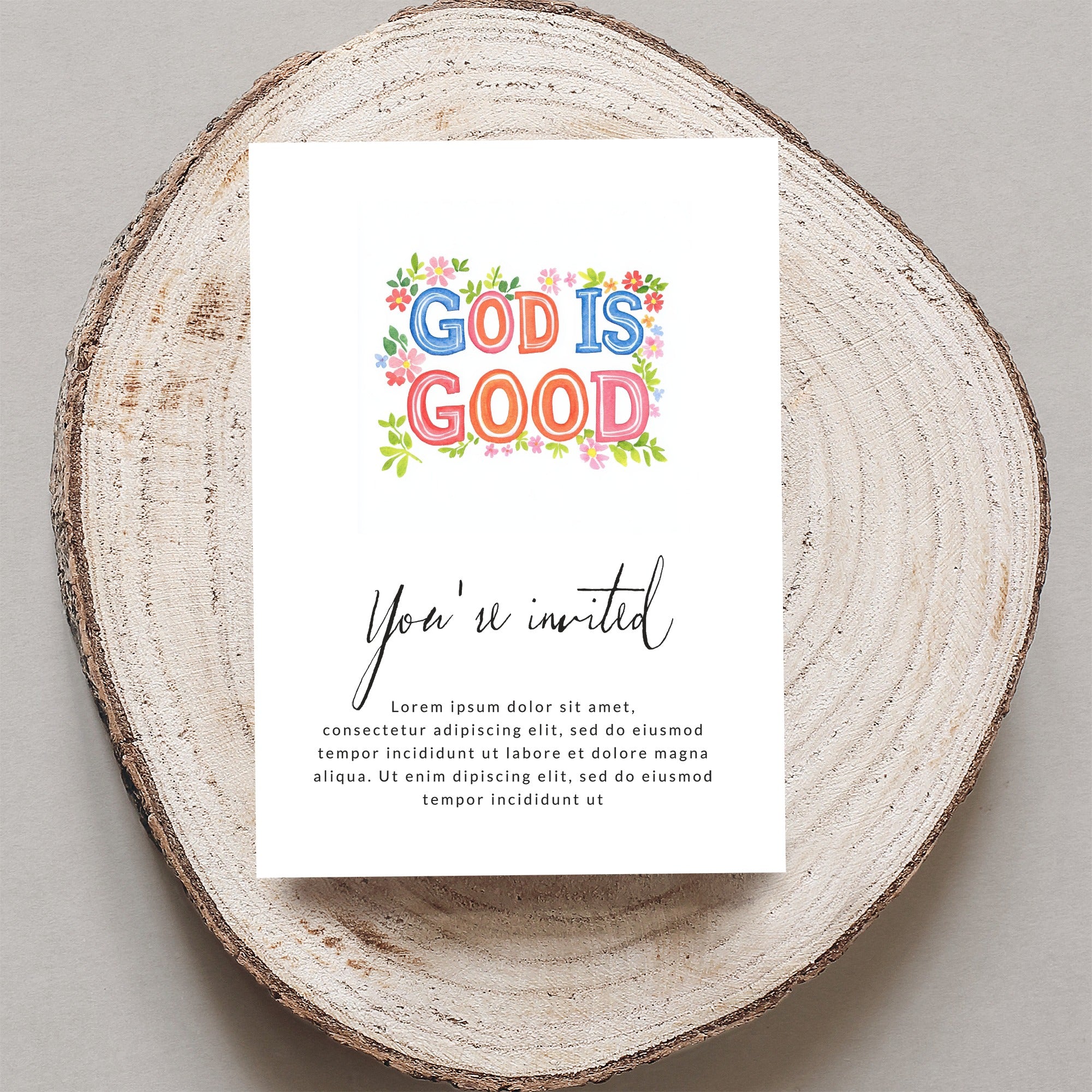 "God is Good" invitation card with "You're invited" and placeholder text.