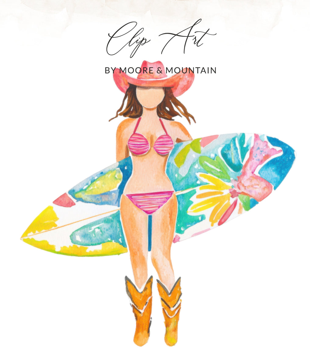 Woman in bikini and cowboy boots holding colorful surfboard, "Clip Art" text.