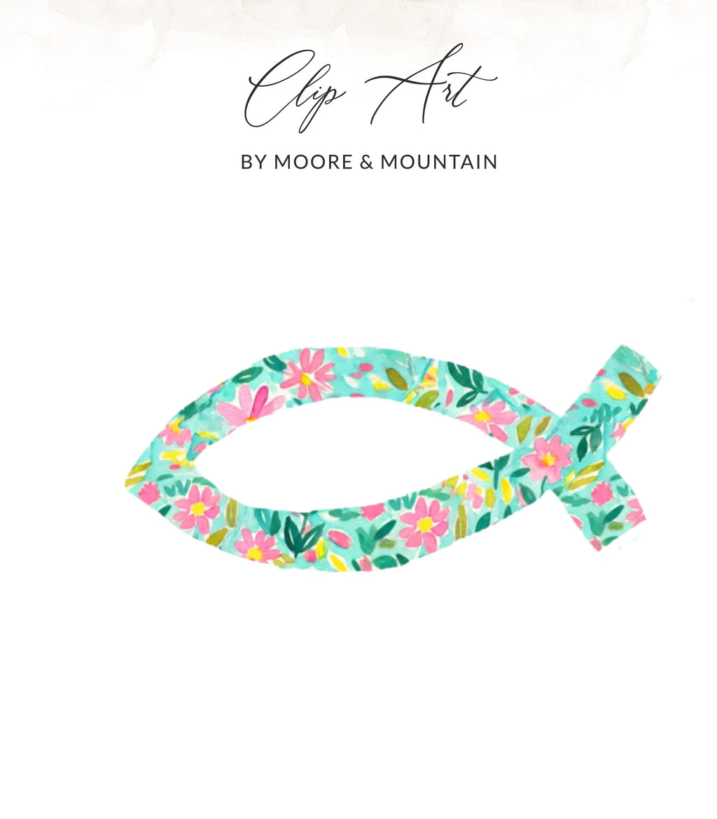 Teal fish clip art with a floral pattern and "Clip Art by Moore & Mountain" text.