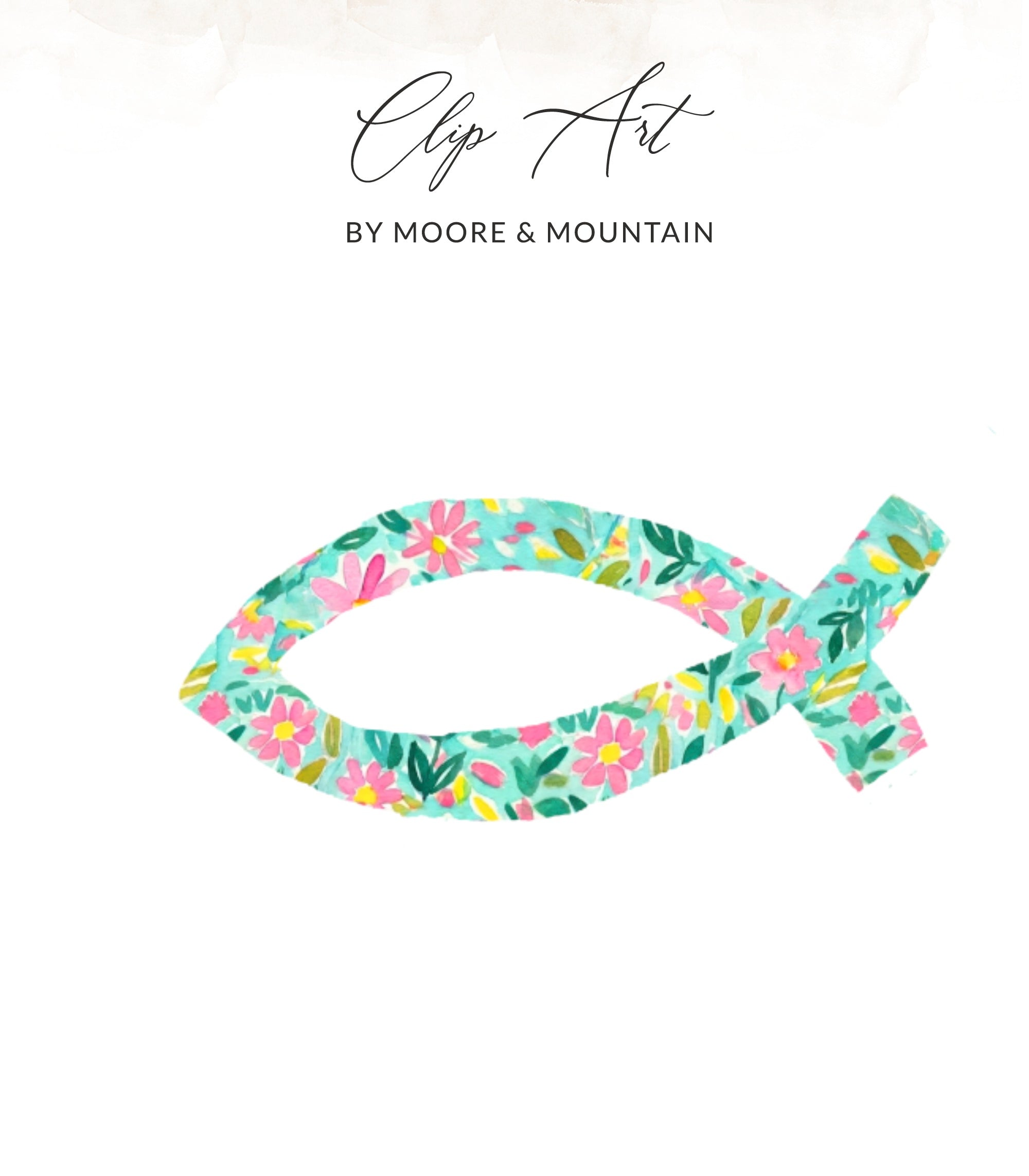 Teal fish clip art with a floral pattern and "Clip Art by Moore & Mountain" text.