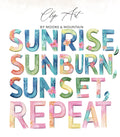 Sunrise Sunburn Repeat text with floral watercolor accents.