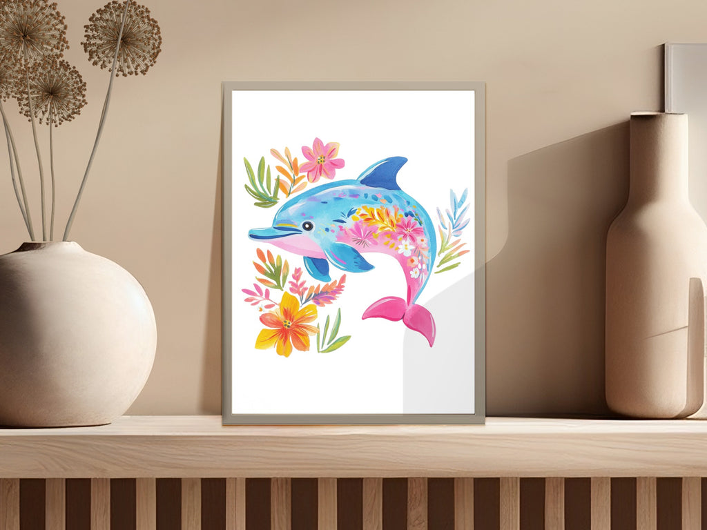 Colorful dolphin with floral accents on a white background in a frame.