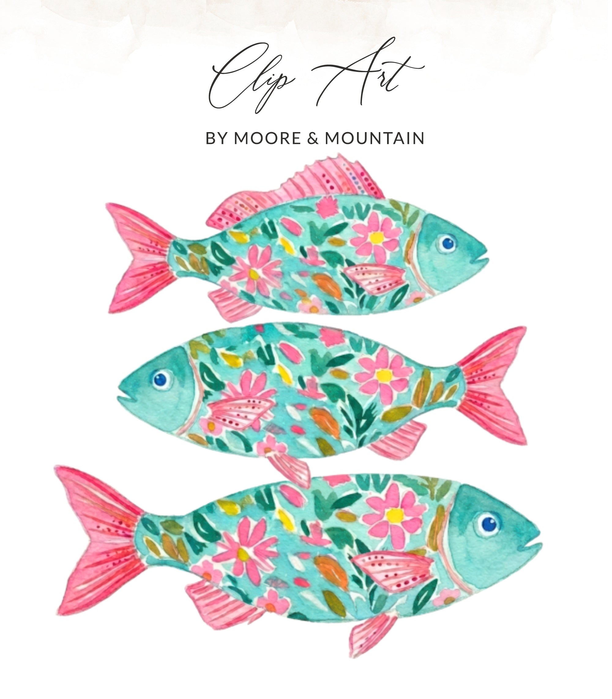 Three colorful fish with floral patterns, "Clip Art" text above.