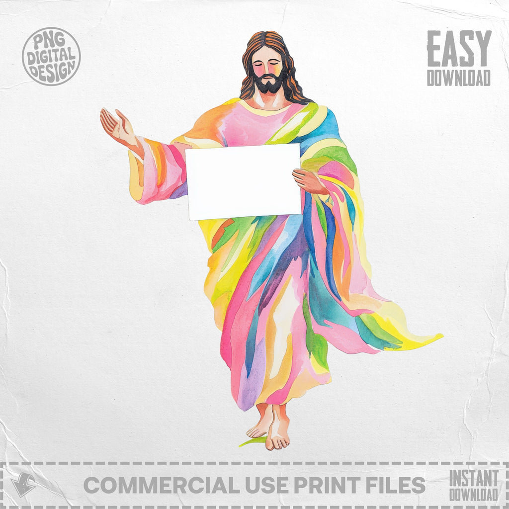 Jesus holding a blank sign, watercolor style, colorful robes.