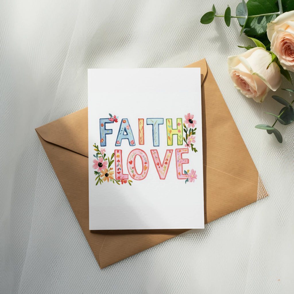 Greeting card with "FAITH LOVE" in colorful watercolor lettering.