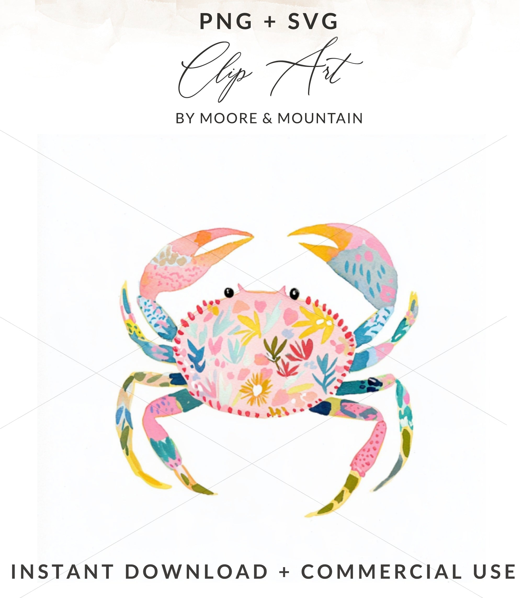 Colorful floral crab illustration with "Clip Art" and "Instant Download" text.