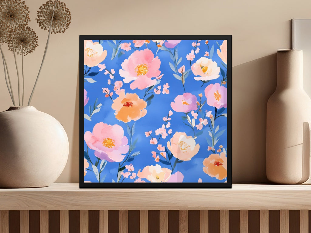 Colorful Floral Pattern on Blue Wall Art Print
