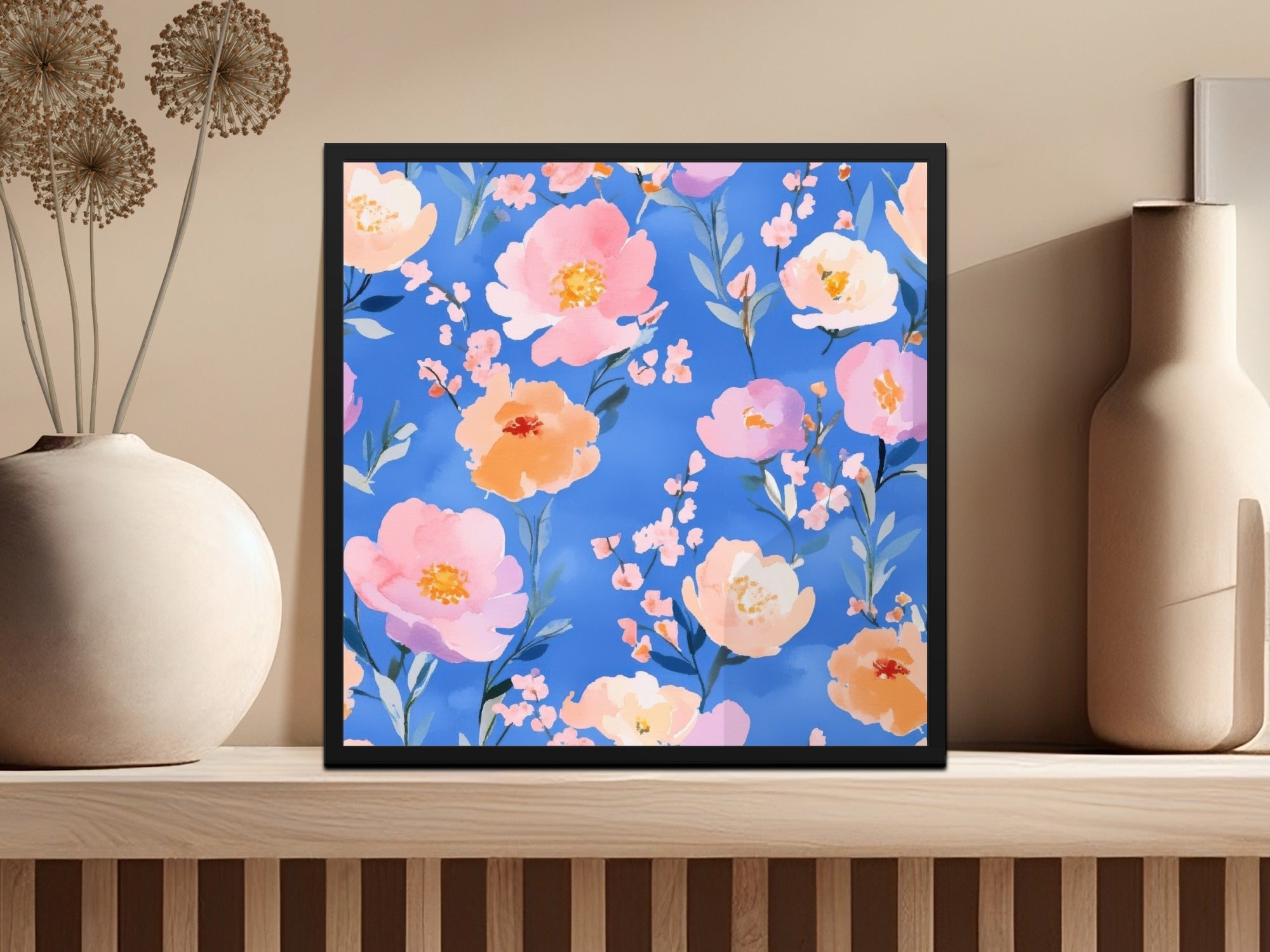 Colorful Floral Pattern on Blue Wall Art Print