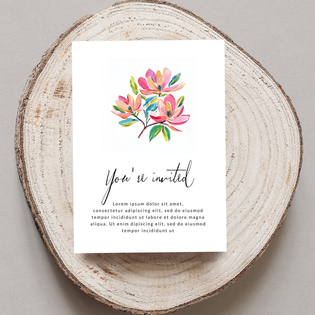 Invitation card with watercolor flowers and "You're invited" text.
