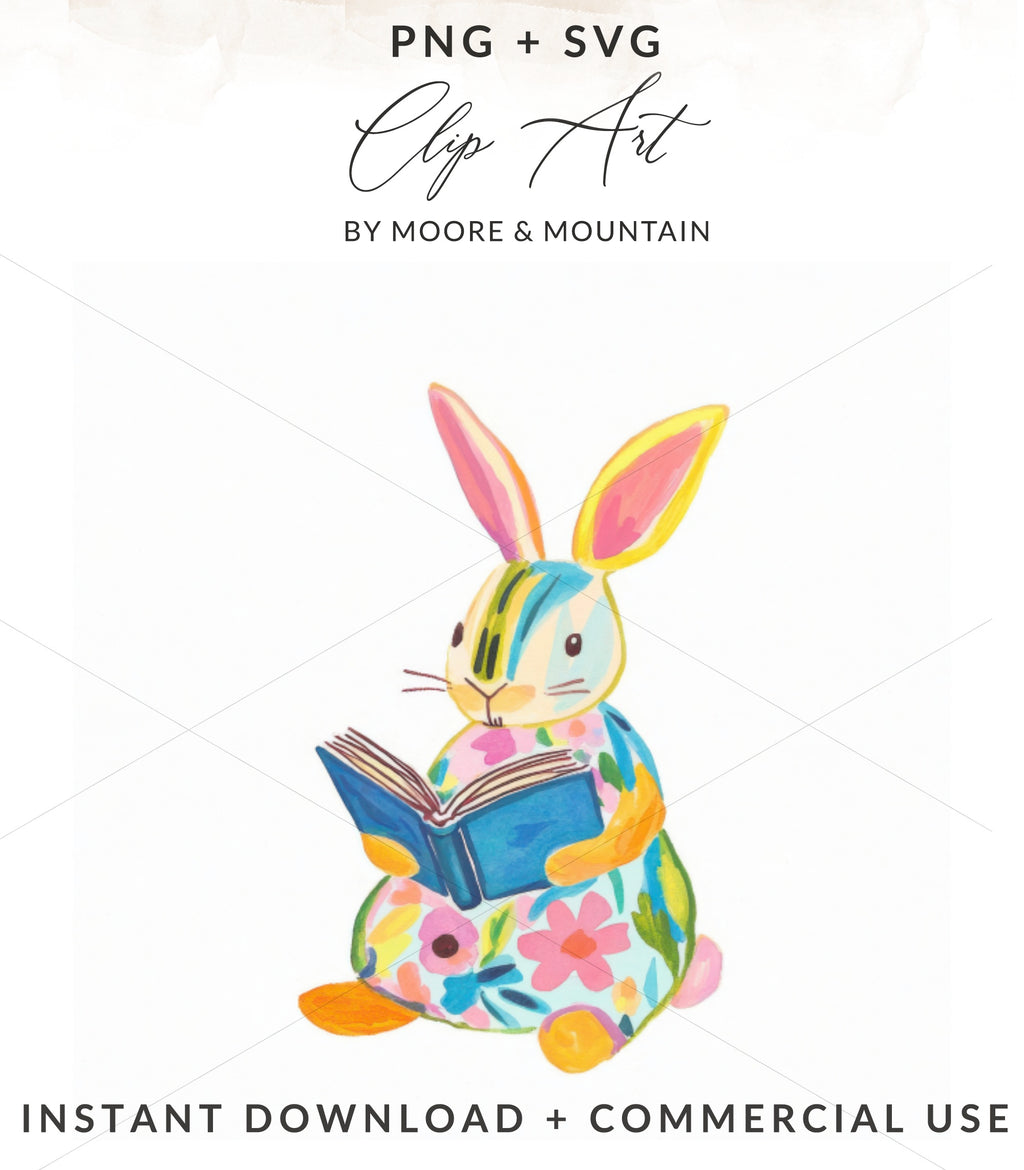 Watercolor bunny wearing colorful floral pattern, reading a blue book.