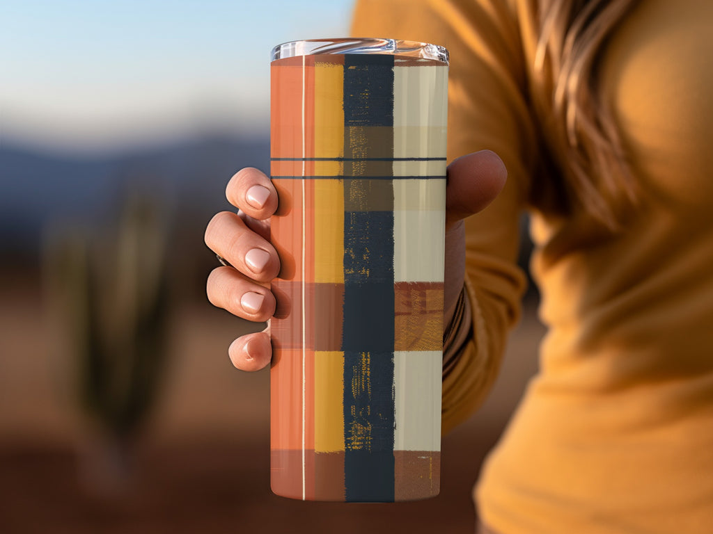 Orange Blue and Beige Plaid Design Tumbler