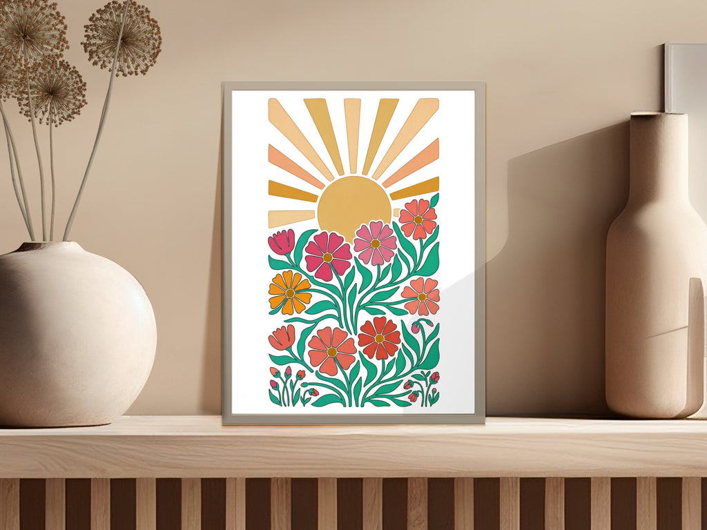 Retro floral sunburst art print with vibrant orange, pink, and green flowers.