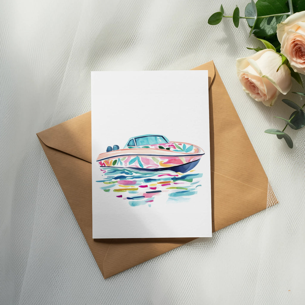 Card with watercolor illustration of a colorful speedboat on water.