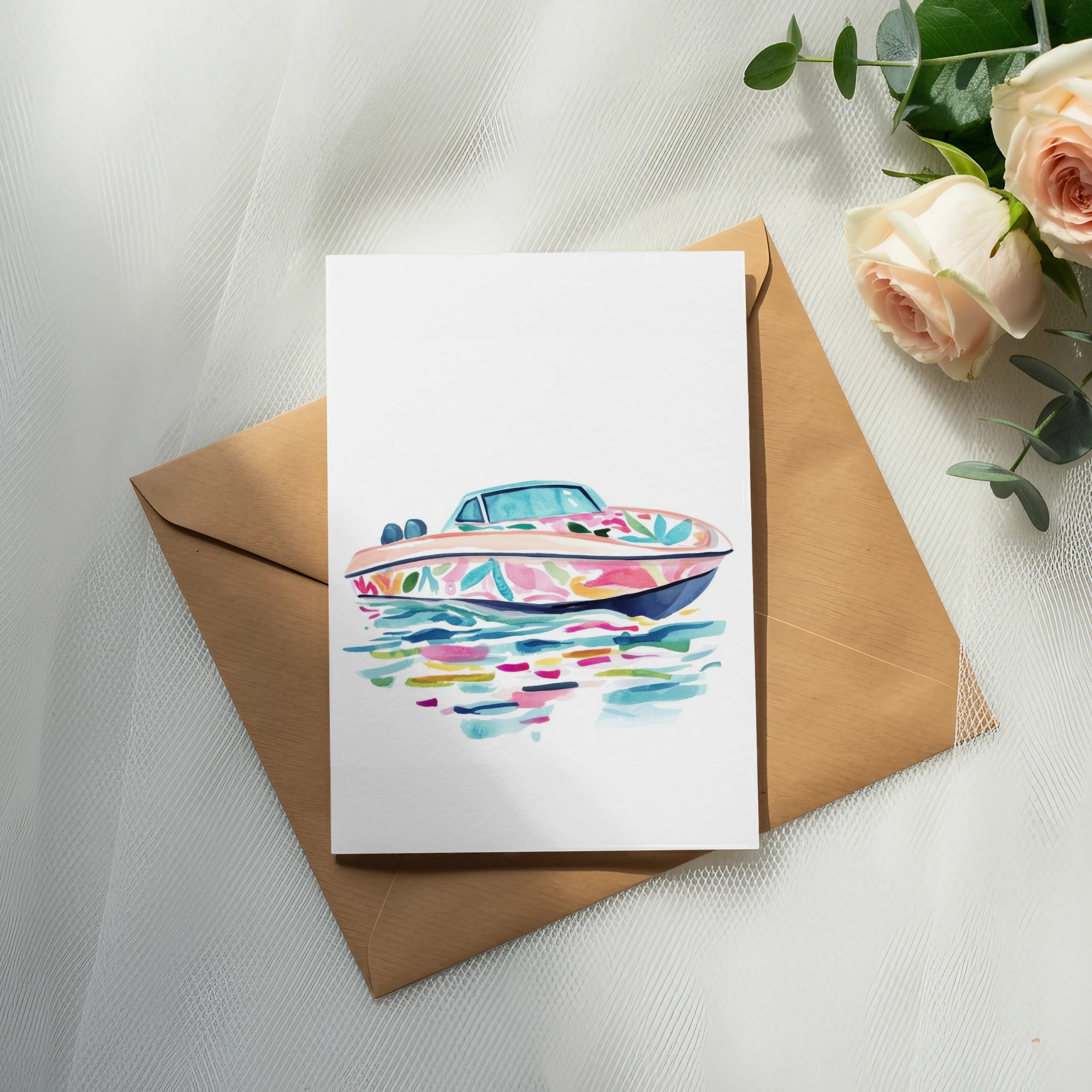 Card with watercolor illustration of a colorful speedboat on water.