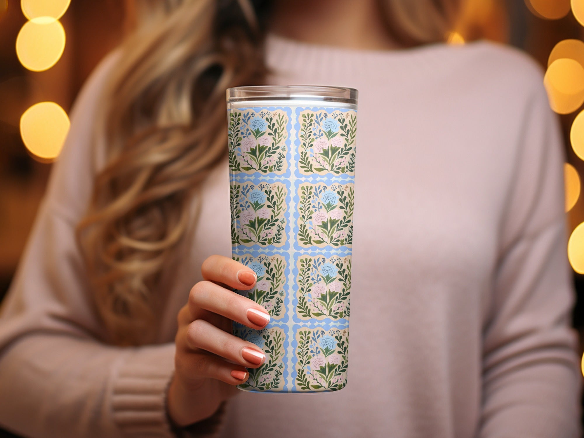 Scalloped light blue pink floral tumbler product type