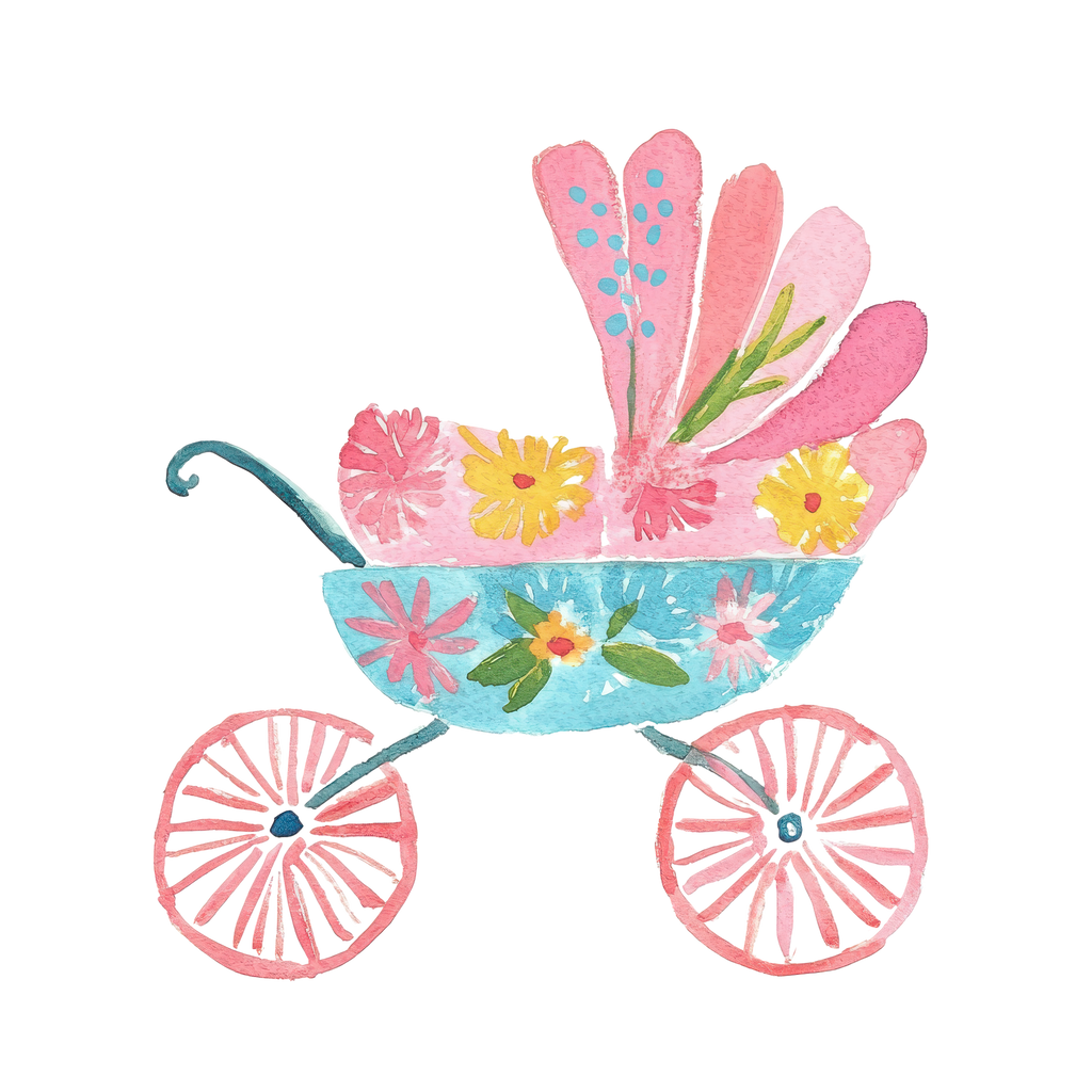 Watercolor illustration of a baby carriage decorated with flowers and leaves.