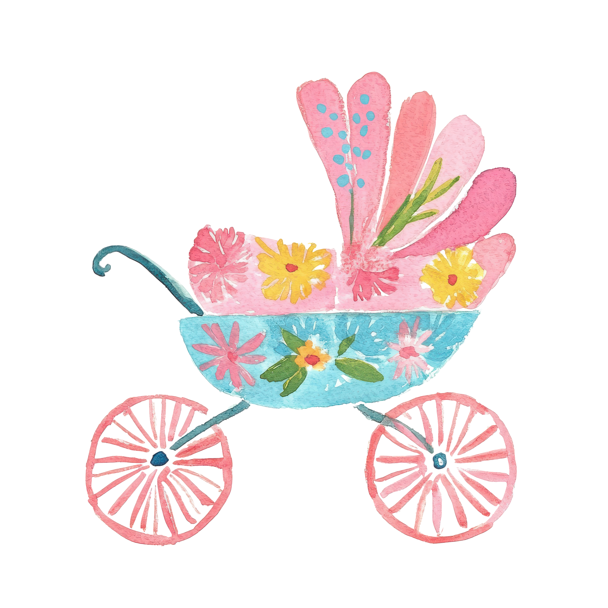 Watercolor illustration of a baby carriage decorated with flowers and leaves.