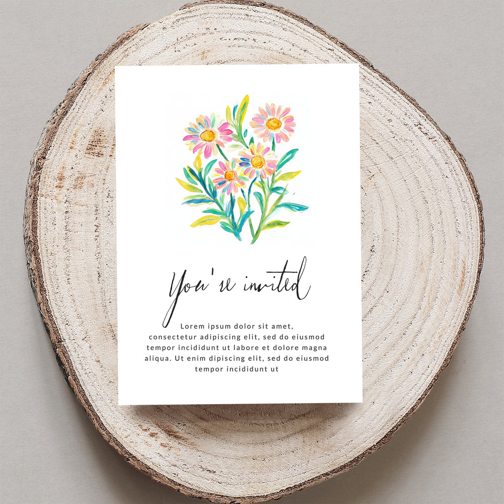 Invitation card with floral illustration and "You're invited" text.