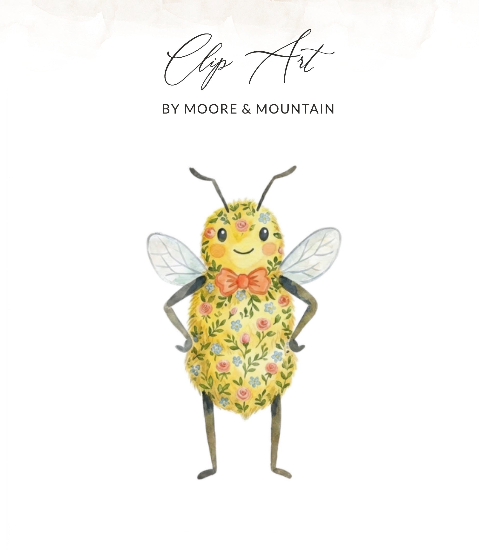 Watercolor bee illustration with floral pattern and red bow tie.