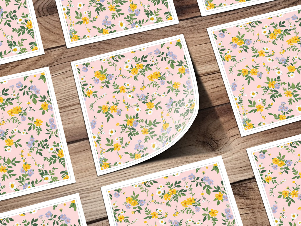 Floral Botanical Pattern Sticker Sheet with Pink Background