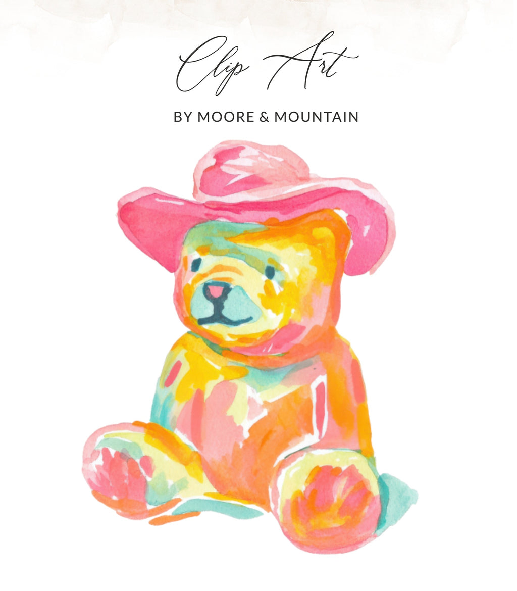 Watercolor teddy bear wearing a pink cowboy hat.
