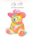 Watercolor teddy bear wearing a pink cowboy hat.