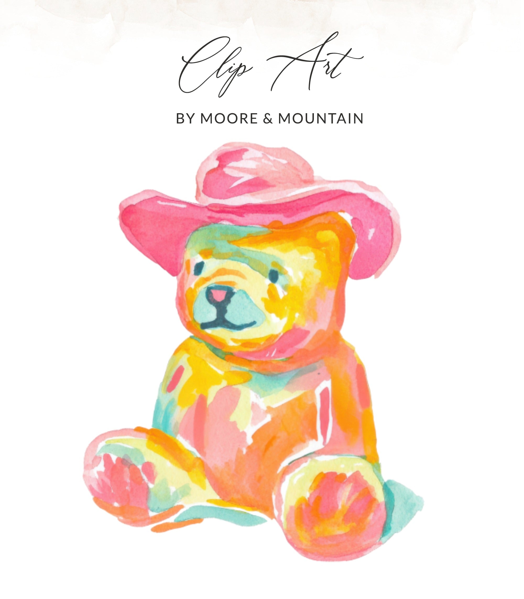 Watercolor teddy bear wearing a pink cowboy hat.