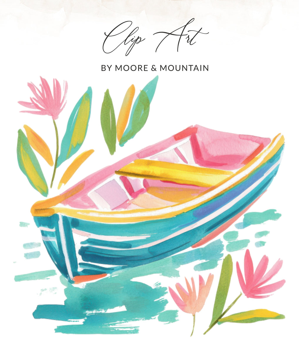Watercolor illustration of a colorful rowboat with flowers and green leaves.