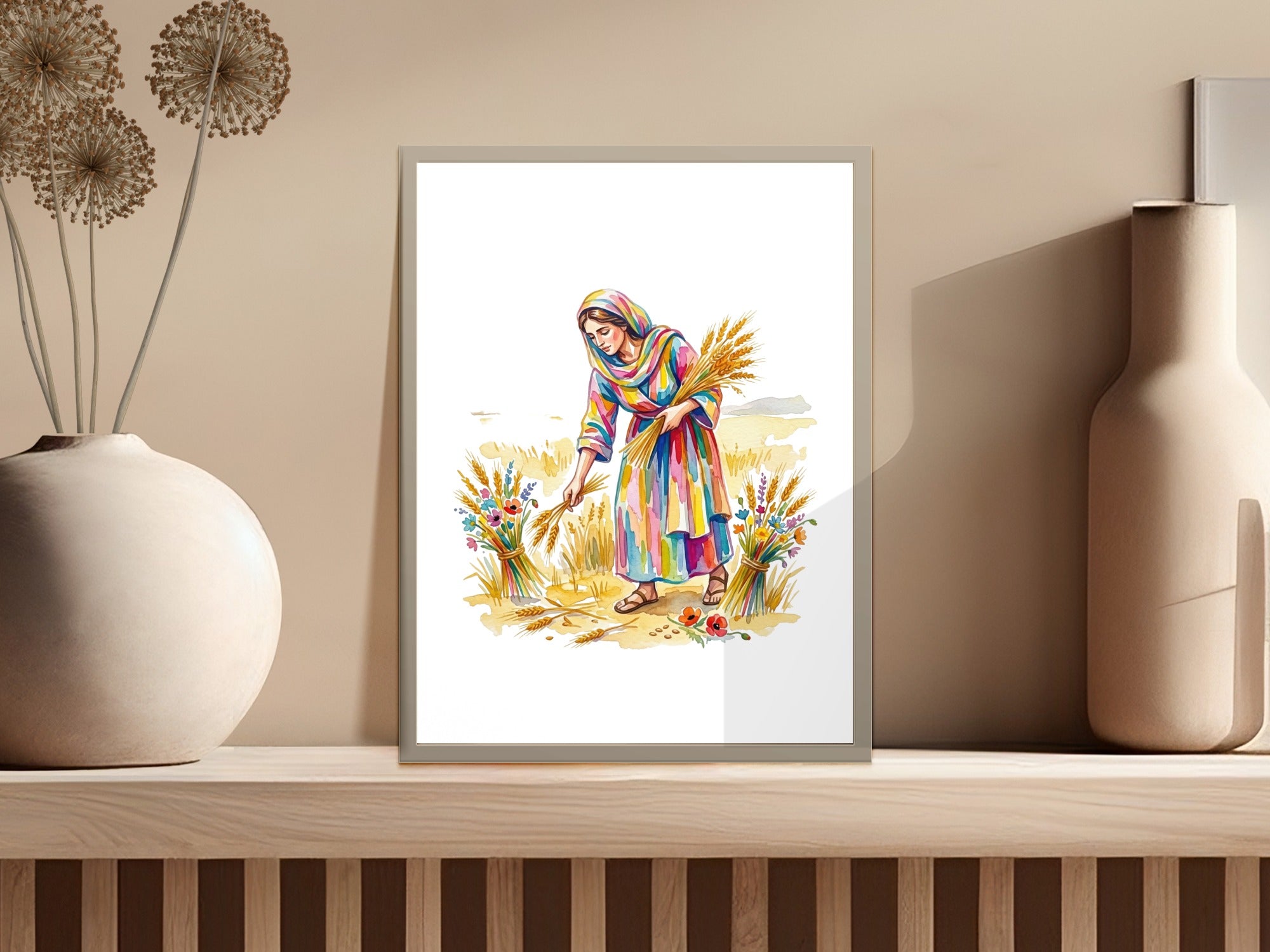 Woman in colorful dress harvesting wheat stalks in a framed watercolor illustration.