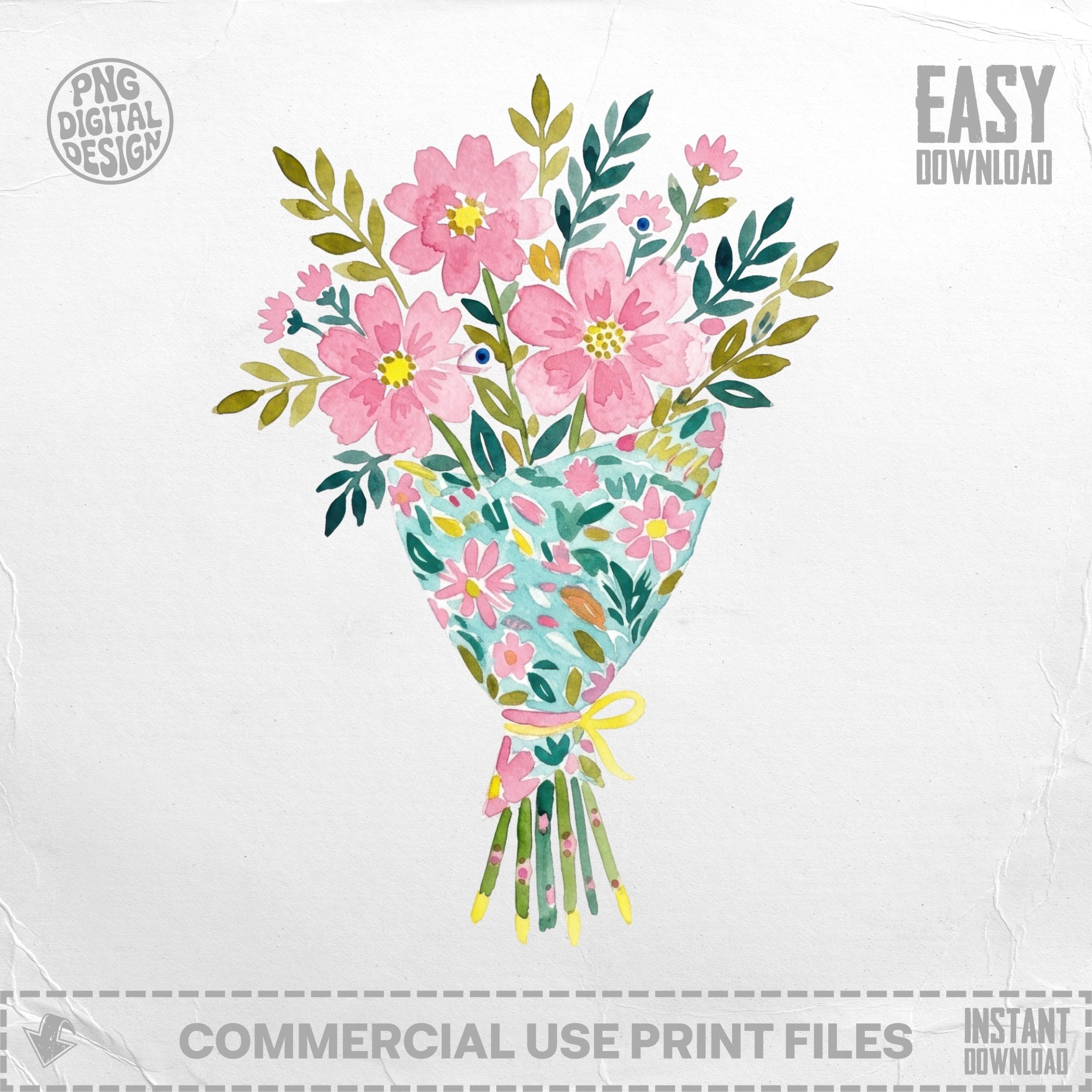 Watercolor bouquet of pink flowers with green leaves tied with yellow ribbon.