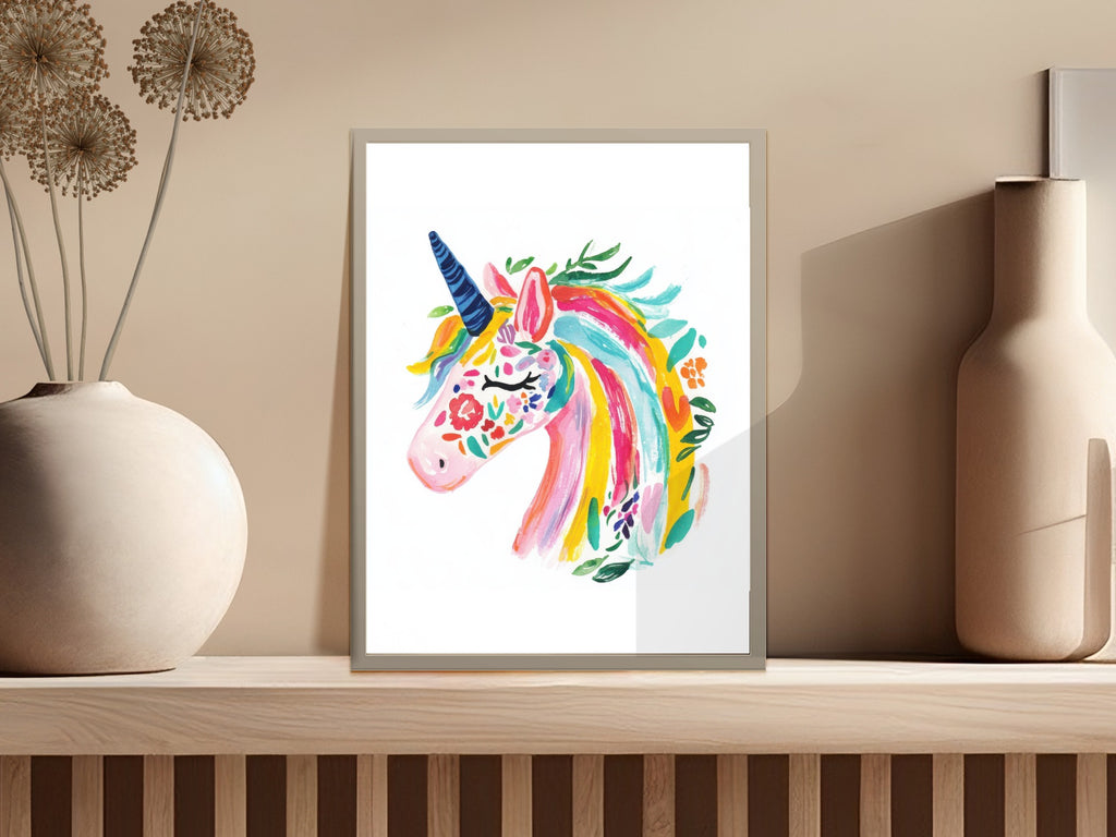 Colorful unicorn painting with flowers and leaves on a neutral background.