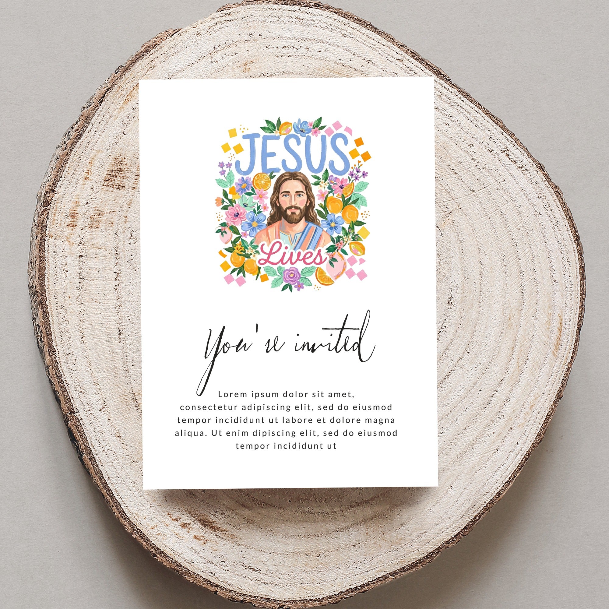 Invitation with "Jesus Lives" illustration and placeholder text.