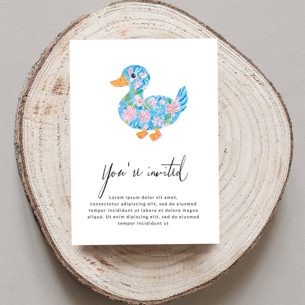 Card with a blue duck and floral pattern, inviting guests.