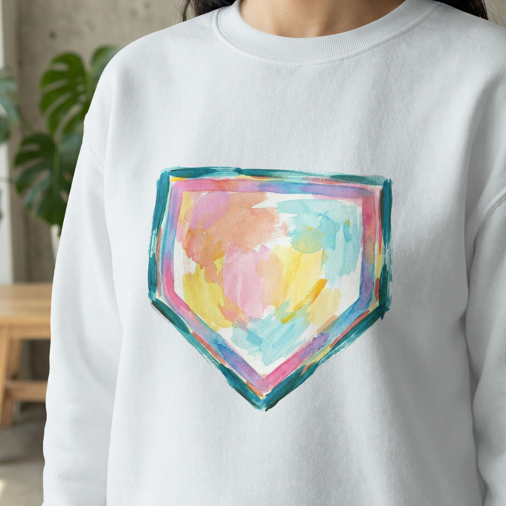 White sweatshirt with a colorful, abstract watercolor home plate design.