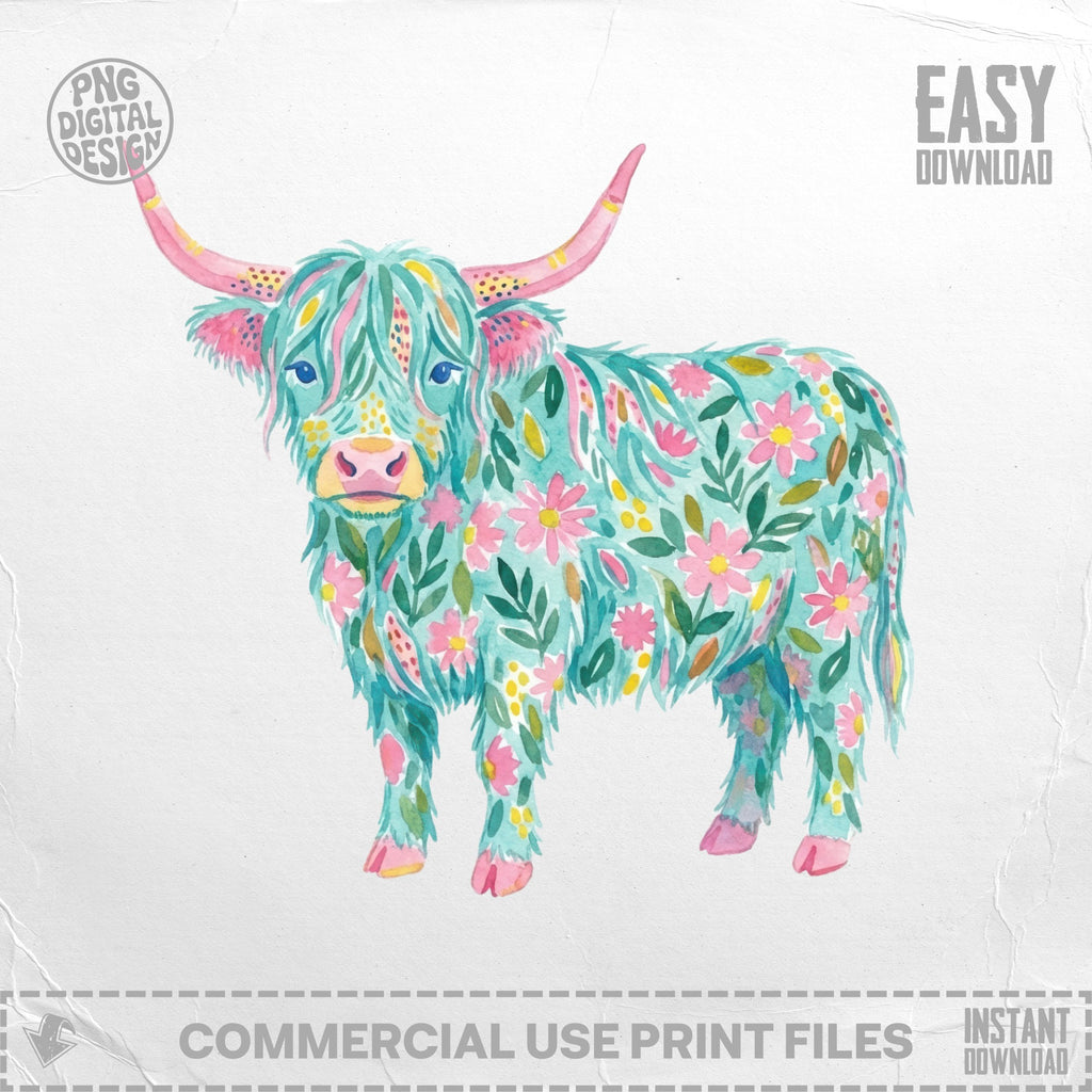 Watercolor Highland cow with teal, pink, and green floral pattern.