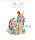 Nativity scene with Mary, Joseph, baby Jesus, and sheep, with "Clip Art" text.
