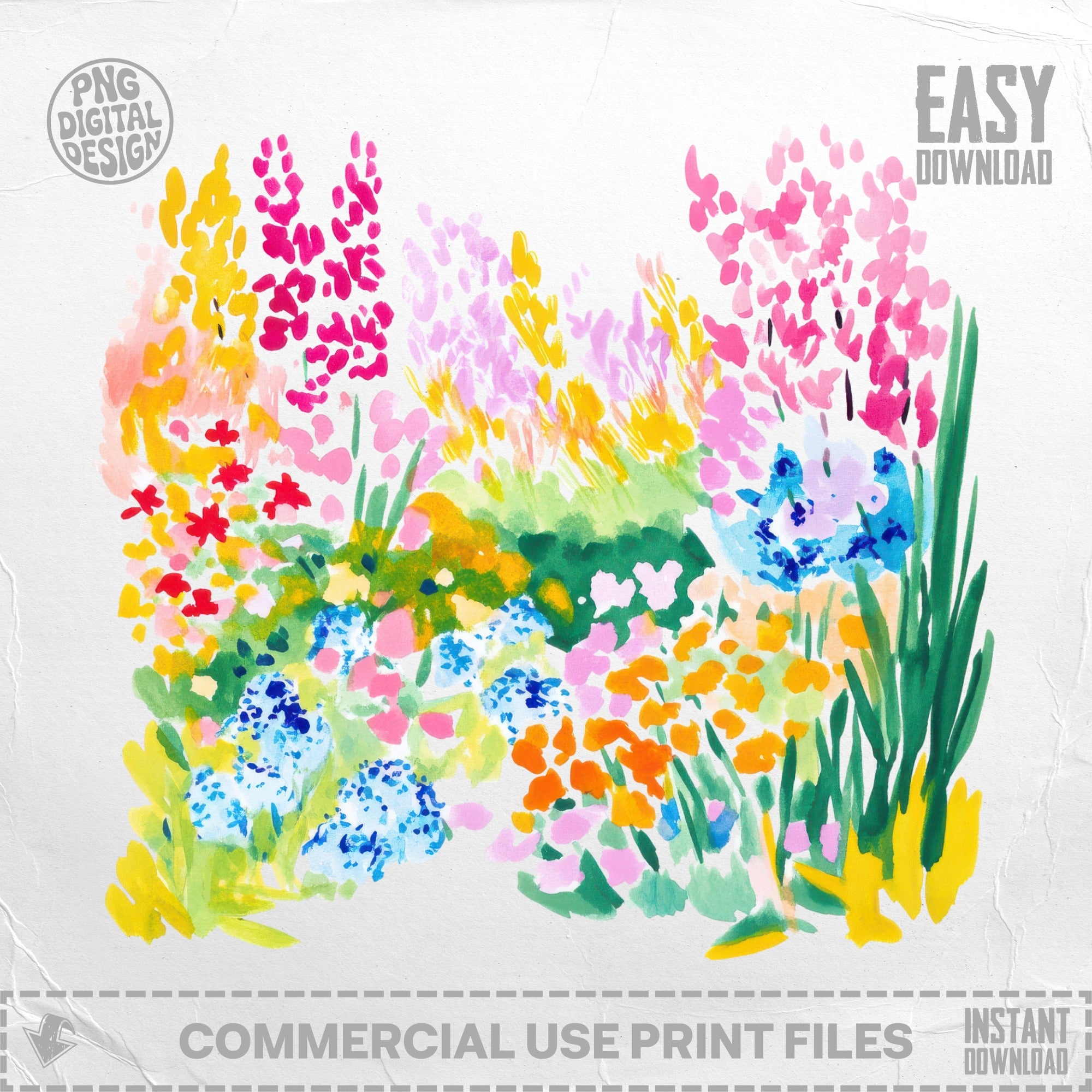 Watercolor garden with pink, yellow, blue, and orange flowers.