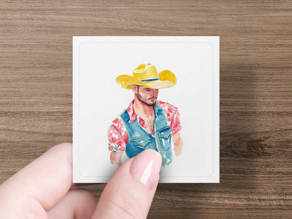 Watercolor portrait of a man wearing a yellow cowboy hat and denim vest.
