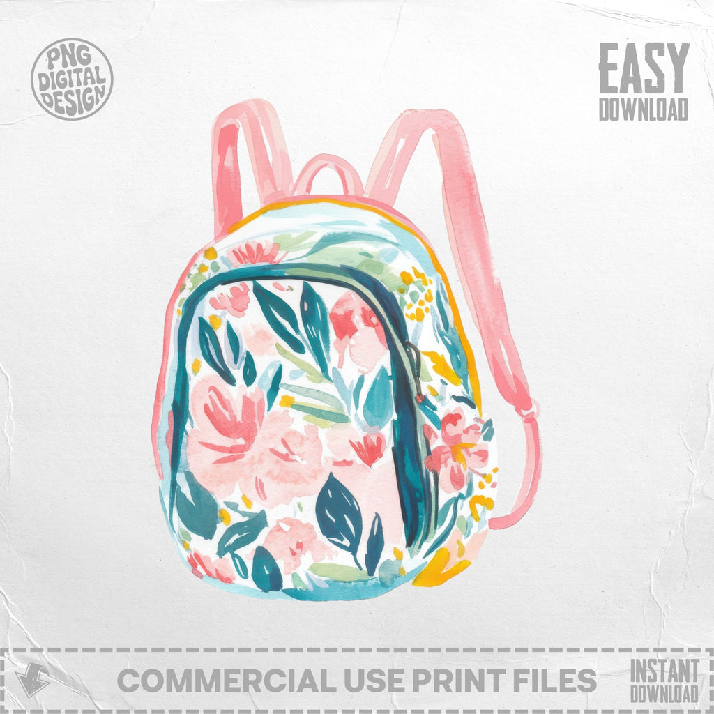 Floral watercolor backpack with pink straps on a white background.