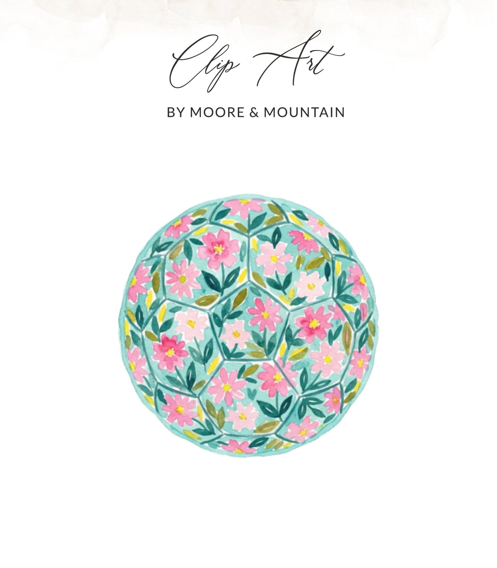 Watercolor soccer ball with pink flowers on a pastel background.