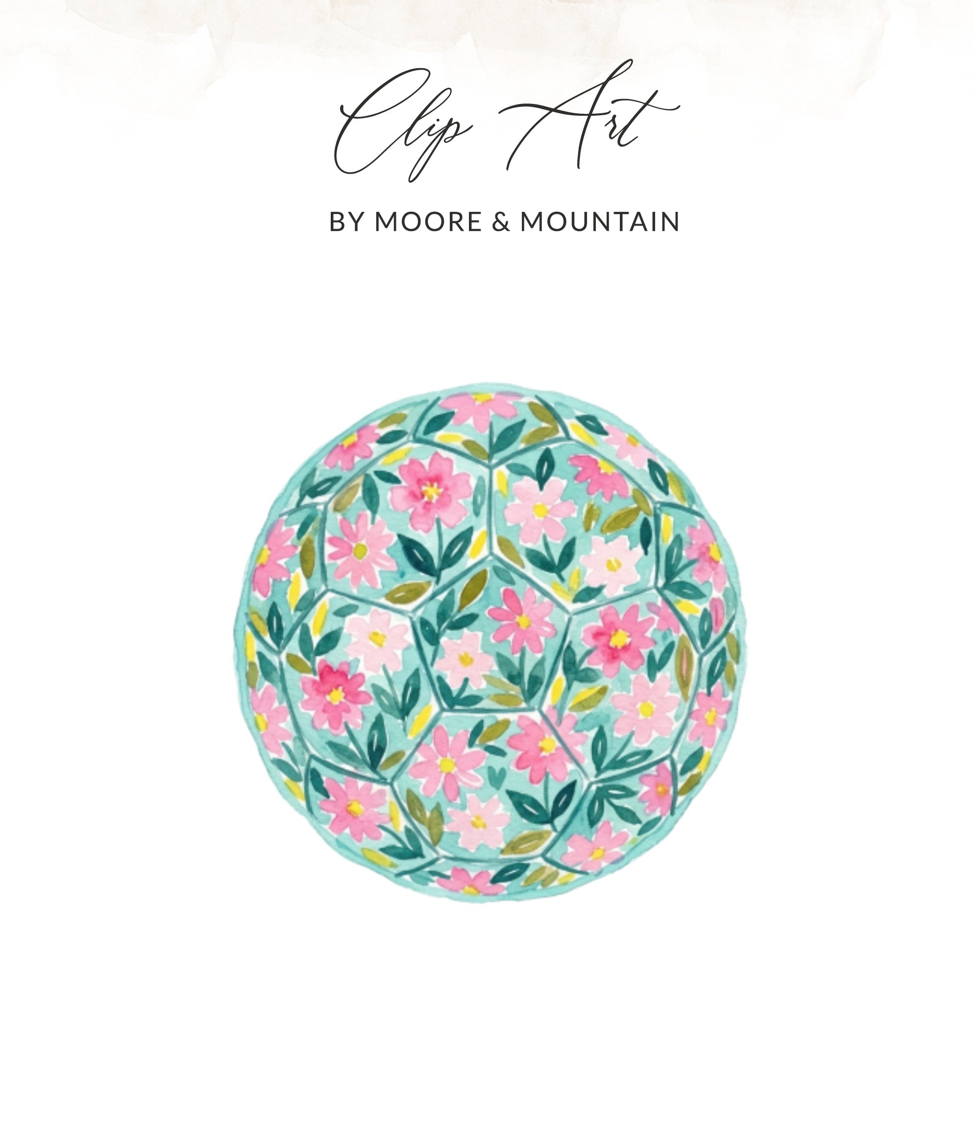 Watercolor soccer ball with pink flowers on a pastel background.