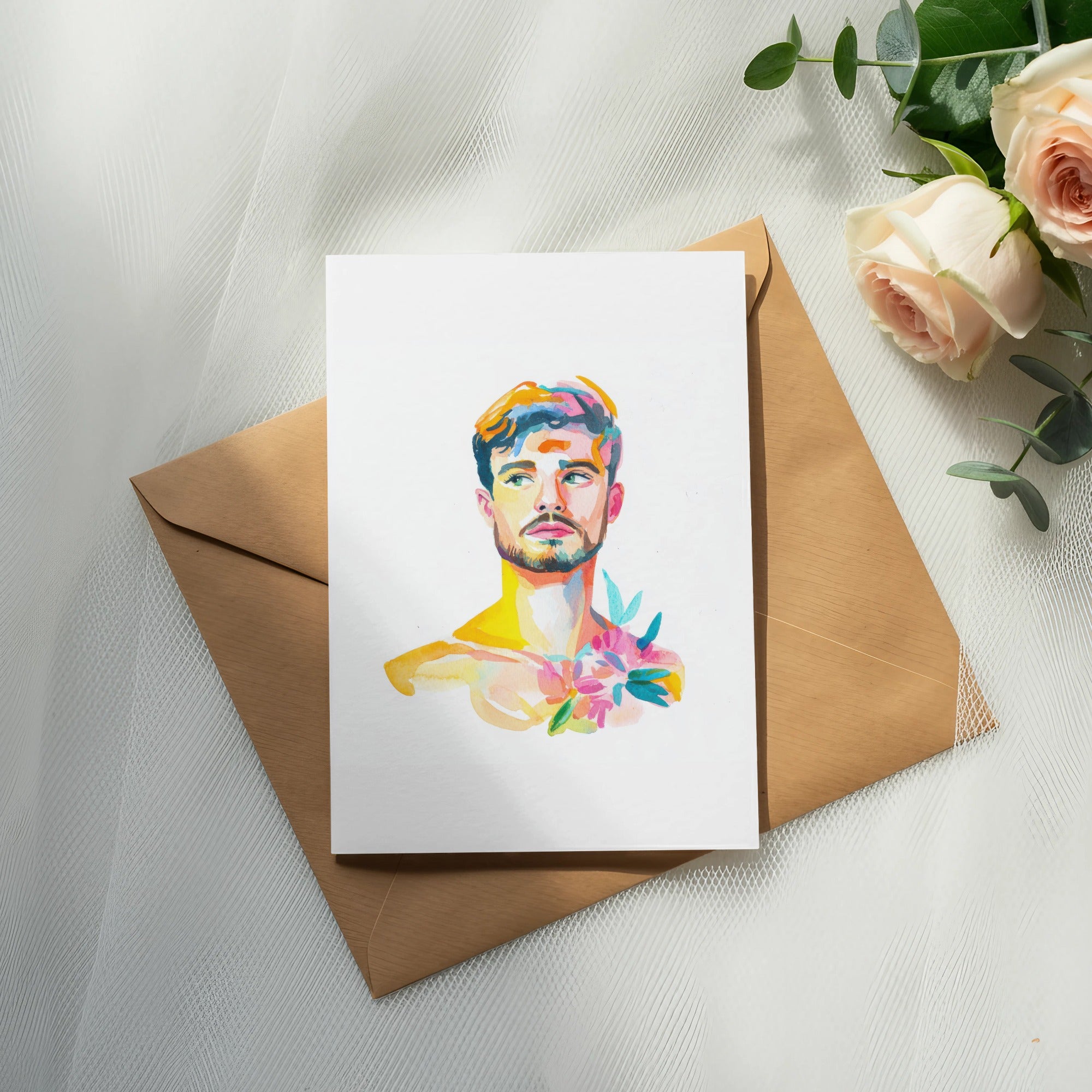 Watercolor portrait of a man with colorful flowers on an envelope with roses.