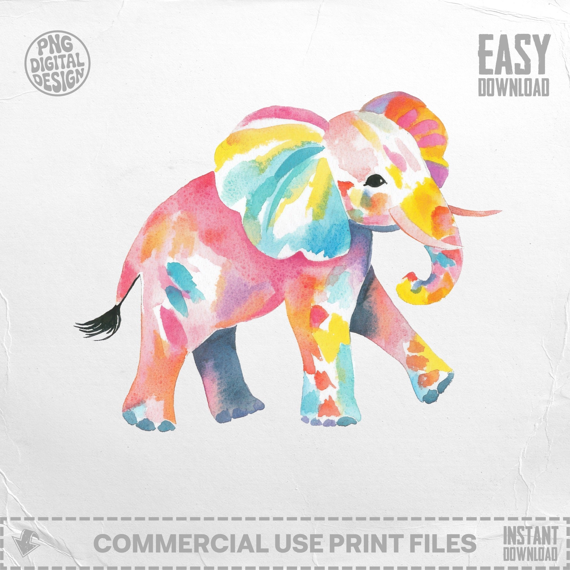 Watercolor Elephant SVG PNG Digital Download, Colorful Baby Animal Art, Nursery Decor Cricut Silhouette Cut File, Kids Room Sublimation SVG