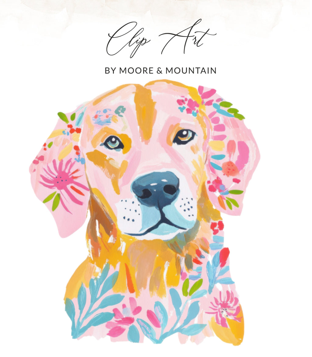Pink and yellow floral painted dog portrait with "Clip Art" text above.