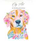 Pink and yellow floral painted dog portrait with "Clip Art" text above.