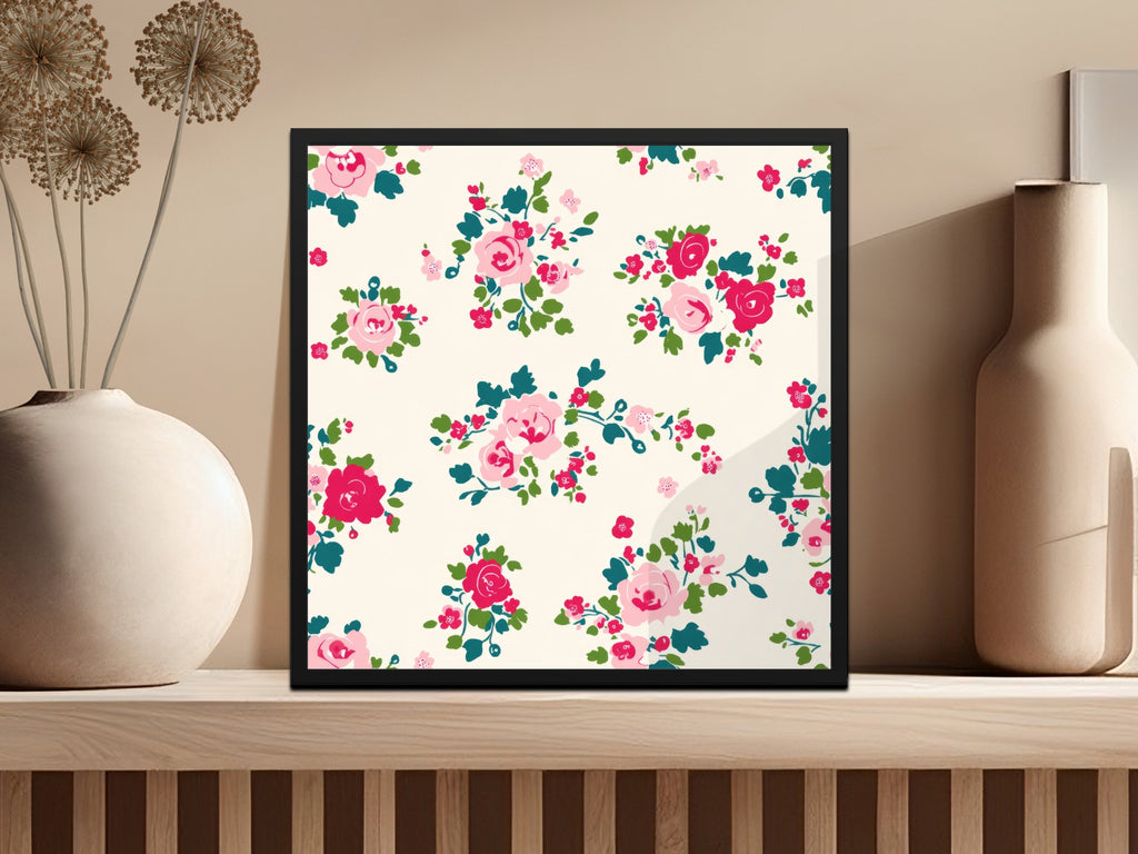 Floral Vintage Print with Pink and Red Roses Wall Art