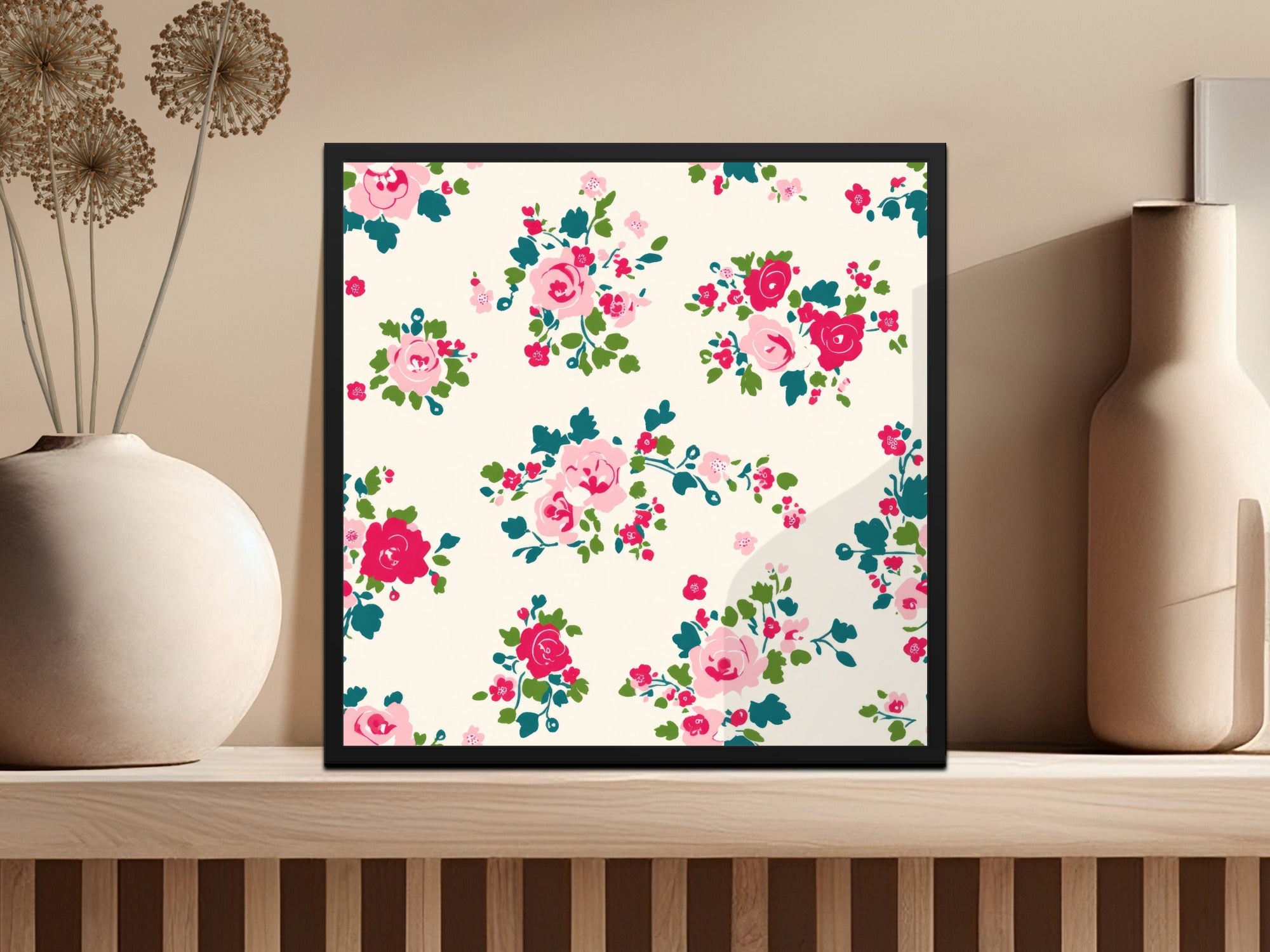 Floral Vintage Print with Pink and Red Roses Wall Art