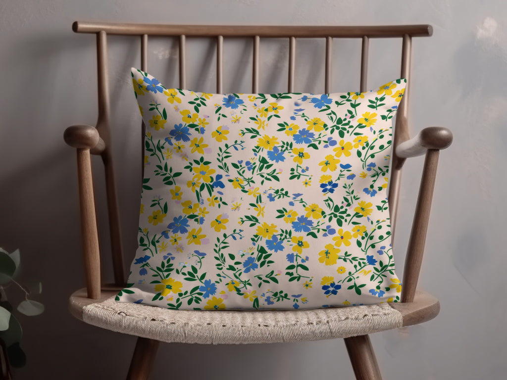 Vibrant Yellow and Blue Floral Decorative Pillow